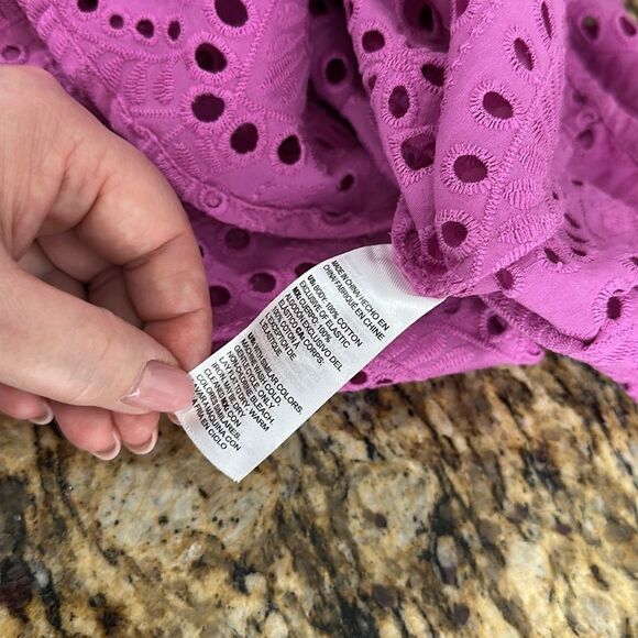 Chicos Cotton Fuschia Eyelet Billow-Sleeve Button Front Blouse Top Size 12 - Picture 7 of 9